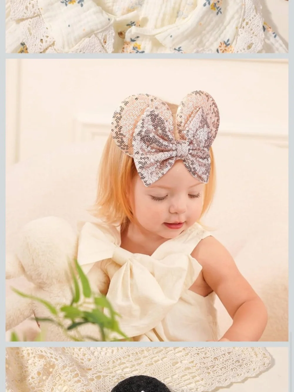 3 PCS Mouse Ears Sequin Bow Nylon Hairband Polka Dot Cute Baby Headbands nwt